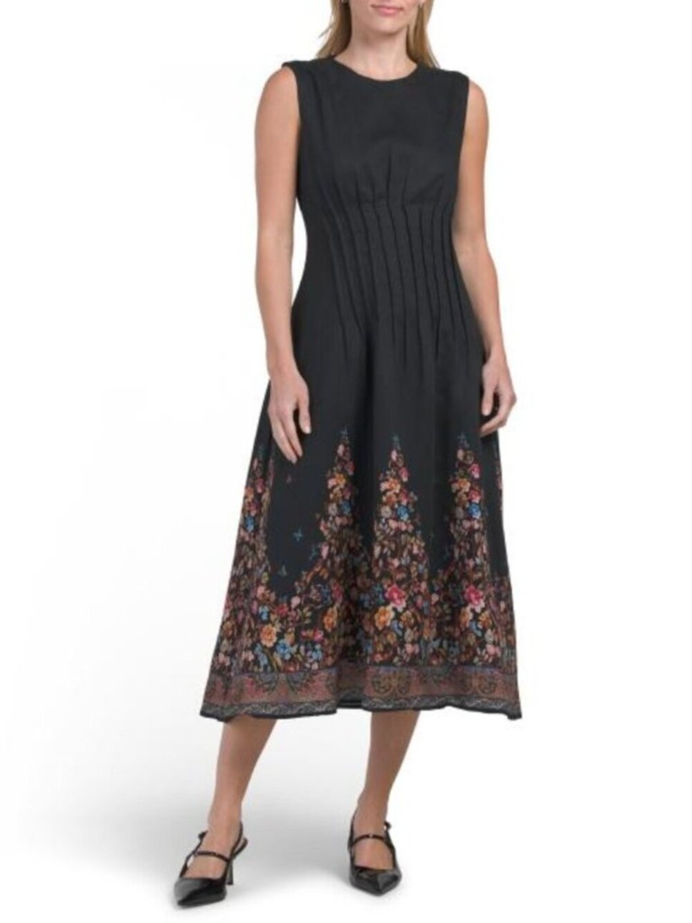 ELIE TAHARI Linen Blend Sleeveless Crew Neck Pin Tuck Waist Midi Dress